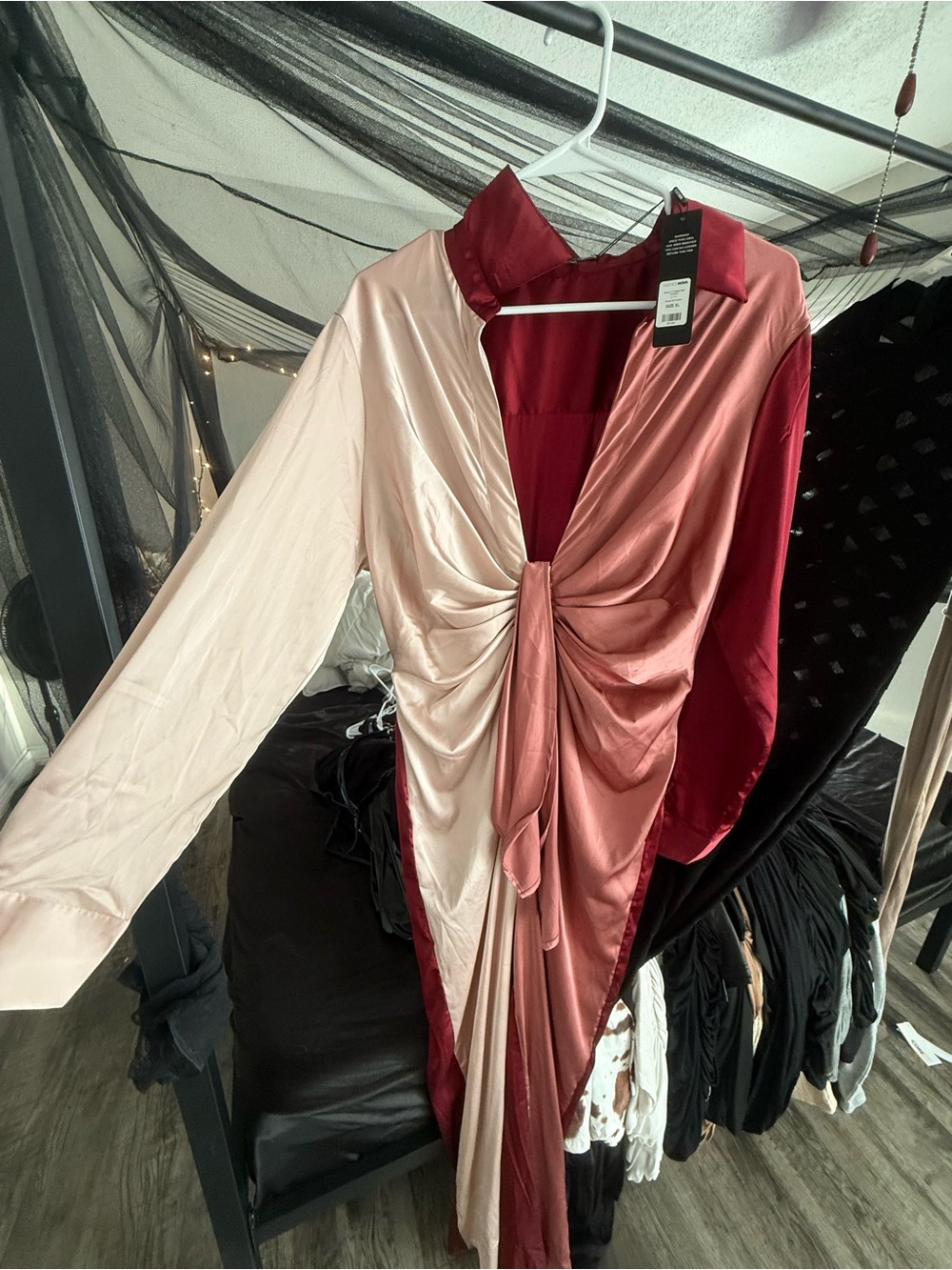Fashion Nova Two-Tone Satin Twist Front Jumpsuit in Blush & Burgundy